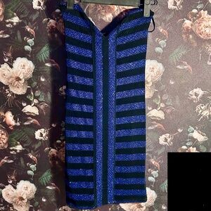 2B BEBE Bianca Exposed Elastic Back Dress Size:XS Blue and Black Sparkles